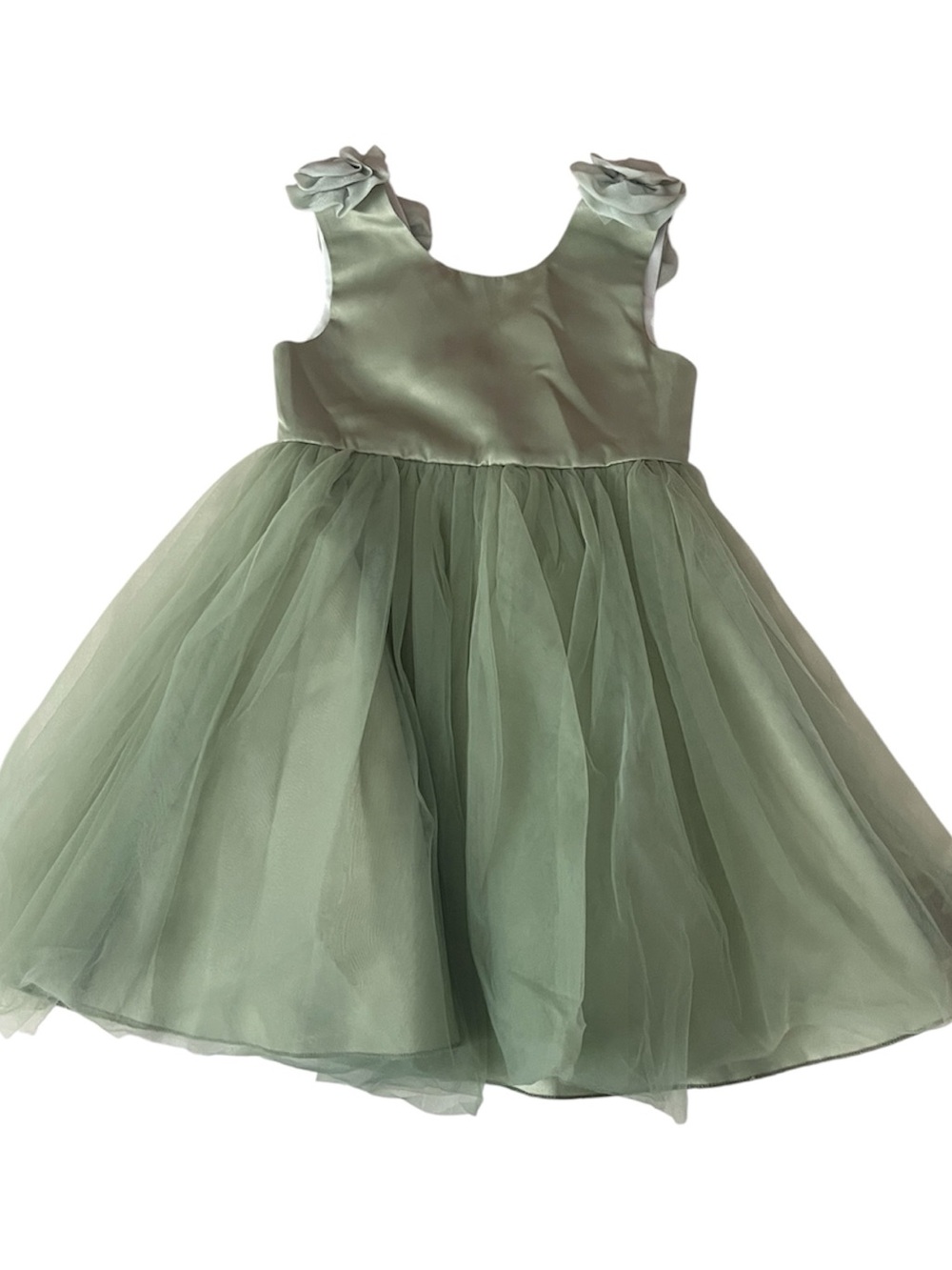 Girls Sage Green Tulle Party Dress with Rosette Straps
